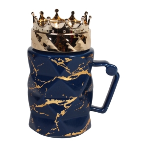 Κούπα κεραμική 460 ml Φ8,5Χ15,5 εκ. μπλε χρυσό με πλαστικό καπάκι - KESKOR 80634-3